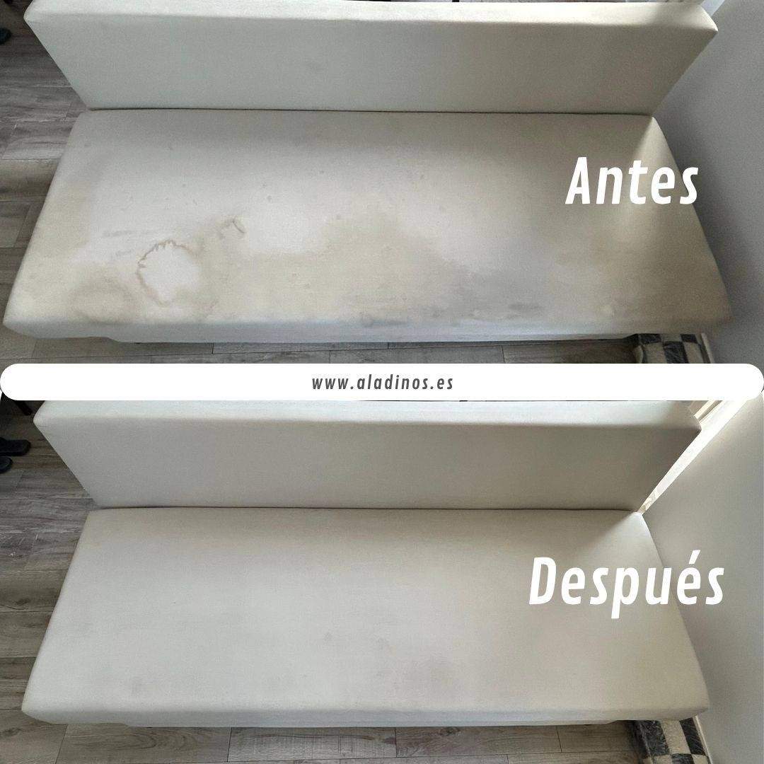 Comparativa de antes y después de limpieza de sofá a domicilio en Alicante, mostrando la efectividad del servicio profesional de eliminación de manchas y suciedad en tapicería.